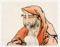 Daruma (Bodhidharma) with a horsetail whisk by Kōno Bairei (1844-1895). Digitally enhanced from our own original 1913 edition of Barei Gakan. 