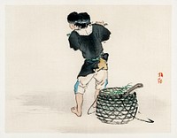 Man with basket by <a href="https://www.rawpixel.com/search/K%C5%8Dno%20Bairei?sort=curated&amp;page=1">Kōno Bairei</a> (1844-1895). Digitally enhanced from our own original 1913 edition of Barei Gakan. 