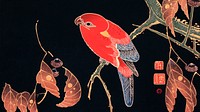 Vintage desktop wallpaper, background painting, Red Parrot on the Branch of a Tree, remix from the artwork of Ito Jakuchu