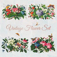 Beautiful vintage Chinese flower arrangements set mockup