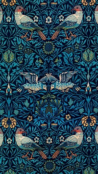 William Morris mobile wallpaper, blue botanical pattern. Remixed from public domain artwork.