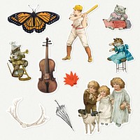 Vintage hand drawn sticker set with white border