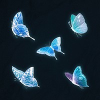 Neon blue butterfly illustrations set