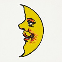 Celestial crescent moon face sticker with white border