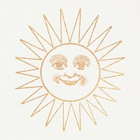 Gold smiling celestial sun facewith ray line art design element