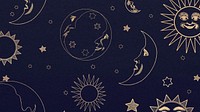 Gold celestial sun, moon and stars pattern on black background design element