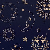 Gold celestial sun, moon and stars pattern on black background design element