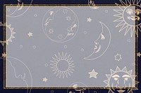 Gold celestial sun, moon and stars frame on black background design element