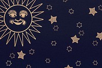 Gold celestial sun face and stars pattern on black background design element