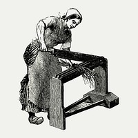 European woman working with vintage scutcher machine engraving vector