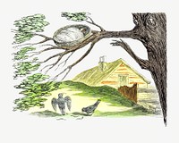 Drawing of a bird nest on a tree