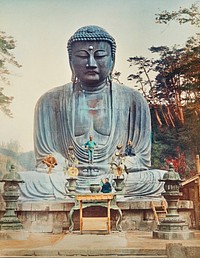 The Bronze Buddha at Kamakura, hand&ndash;colored albumen silver print from Japan. Described and Illustrated by the Japanese (1897) by <a href="https://www.rawpixel.com/search/Kazumasa%20Ogawa?sort=curated&amp;page=1">Kazumasa Ogawa</a>. Original from the J. Paul Getty Museum. Digitally enhanced by rawpixel.