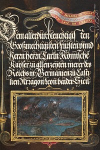 The Burning of Troy; Banner of the House of Hapsburg from Mira Calligraphiae Monumenta or The Model Book of Calligraphy (1561&ndash;1596) by Georg Bocskay and Joris Hoefnagel. Original from The Getty. Digitally enhanced by rawpixel. 