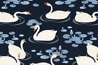 Swimming white geese in a lake pattern on a dark blue background illustration