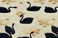 Swimming black geese with gold lotus pattern on a beige background illustration