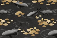 Swimming gold koi with gold lotus patterned background illustration