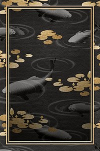 Golden koi fish frame design element on black background