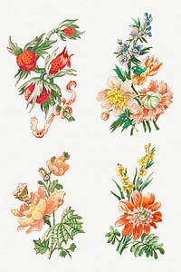 Vintage blooming flower set design elements