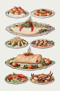 Vintage seafood illustrations of oyster patties, boiled turbot, whitebait, mackerel, mayonnaise of salmon, lobster, and crab design resources