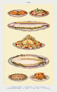 Fish IV: Scallops au Gratin, Red Mullet, Salmon au Naturel, Mayonnaise of Lobster, Turbot, River Trout, and Fried Smelts from Mrs. Beeton's Book of Household Management. Digitally enhanced from our own 1923 edition. 