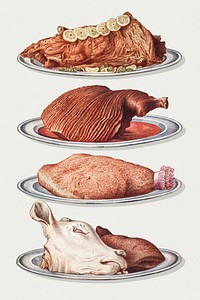 Vintage food illustrations of haunch of venison, roast leg of pork, york ham, calf's head, and bath chap design resources