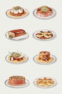 Vintage cold entr&eacute;e illustrations of chicken m&eacute;daillons, cold border of salmon, beef galantine, zephires of duck, mutton cutlets in aspic, chartreuse of pheasant, timbale of turbot, and chicken darioles design resources