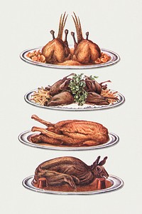 Vintage food illustrations of roast pheasants with chips and brown crumbs, plovers with potato straws, roast wild duck, and roast hare with red currant jelly design resources