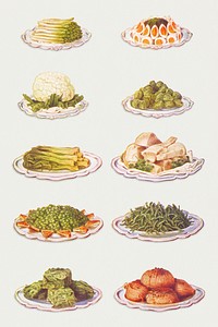 Vintage vegetables illustrations of asparagus, spinach with eggs, cauliflower, brussels sprouts, leeks, parsnips, new peas, french beans, cabbage, and braised onions design resources