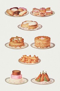 Vintage sweet and gateau illustrations of &eacute;clair, assorted pastry, sponge savoy cake, g&acirc;teaux st. honor&eacute;, simnel cake, pancakes, pyramid cream, and croquettes of rice