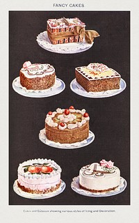 Fancy Cakes: Cakes and G&acirc;teaux showing various styles of Icing and Decoration from <a href="https://www.rawpixel.com/search/Mrs.%20Beeton%27s%20Book%20of%20Household%20Management?sort=curated&amp;page=1">Mrs. Beeton&#39;s Book of Household Management</a>. Digitally enhanced from our own 1923 edition. 