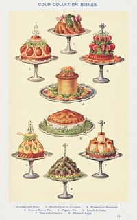 Cold Collation Dishes: Cutlets and Peas, Stuffed Larks in Cases, Prawns en Bouquet, Raised Game Pie, Pigeon Pie, Lamb Cutlets, Chicken Creams, and Plover&#39;s Eggs from <a href="https://www.rawpixel.com/search/Mrs.%20Beeton%27s%20Book%20of%20Household%20Management?sort=curated&amp;page=1">Mrs. Beeton&#39;s Book of Household Management</a>. Digitally enhanced from our own 1923 edition. 