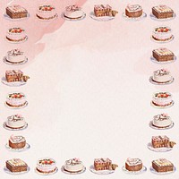 Fancy cakes frame on a pink watercolor background