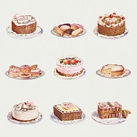 Vintage hand drawn set of cakes design resources