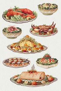Hand drawn set of seafood dishes design resources