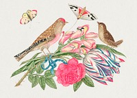 The 18th century illustration of pair of brown birds on bouquet with tulip, rose, and snapdragons, with butterflies. Original from The Smithsonian. Digitally enhanced by rawpixel.