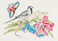 The 18th century illustration of a gray bird on a branch with tulip, snapdragons, and forget-me-nots with butterfly. Original from The Smithsonian. Digitally enhanced by rawpixel.