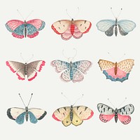 Vintage butterfly and moth watercolor illustration vector set, remixed from the 18th-century artworks from the Smithsonian archive.