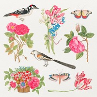 Vintage flowers and birds psd illustration set, remixed from the 18th-century artworks from the Smithsonian archive.