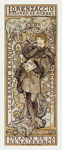 Lorenzaccio, piece en v actes, d'Alfred de Musset, adaptation de m. armand d'artois, Theatre de La Renaissance by Alphonse Maria Mucha (1869–1939). Original from The Public Institution Paris Musées. Digitally enhanced by rawpixel.