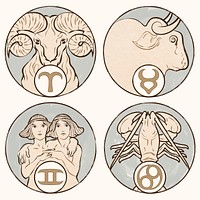 Art nouveau aries, taurus, gemini and cancer zodiac signs, remixed from the artworks of <a href="https://www.rawpixel.com/search/Alphonse%20Maria%20Mucha?sort=curated&amp;page=1">Alphonse Maria Mucha</a>