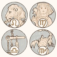 Art nouveau leo, virgo, libra and scorpio zodiac signs psd, remixed from the artworks of <a href="https://www.rawpixel.com/search/Alphonse%20Maria%20Mucha?sort=curated&amp;page=1">Alphonse Maria Mucha</a>