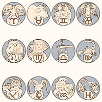 Art nouveau 12 zodiac signs vector, remixed from the artworks of Alphonse Maria Mucha