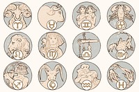 Art nouveau 12 zodiac signs psd, remixed from the artworks of <a href="https://www.rawpixel.com/search/Alphonse%20Maria%20Mucha?sort=curated&amp;page=1">Alphonse Maria Mucha</a>