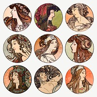 Lady art nouveau illustration vector set, remixed from the artworks of Alphonse Maria Mucha