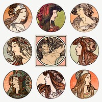 Woman art nouveau illustration vector set, remixed from the artworks of <a href="https://www.rawpixel.com/search/Alphonse%20Maria%20Mucha?sort=curated&amp;page=1">Alphonse Maria Mucha</a>