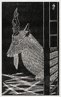 Markhor goat. Sitting deer in a cage. (Markhorgeit. Zittend hert in een kooi) (1913) print in high resolution by <a href="https://www.rawpixel.com/search/Samuel%20Jessurun%20de%20Mesquita?sort=curated&amp;page=1">Samuel Jessurun de Mesquita</a>. Original from The Rijksmuseum. Digitally enhanced by rawpixel.