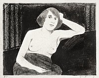 Female nude, seated on a sofa, hand to head (Vrouwelijk naakt, gezeten op een bank, de hand tegen het hoofd) (1920) print in high resolution by Samuel Jessurun de Mesquita. Original from The Rijksmuseum. Digitally enhanced by rawpixel.