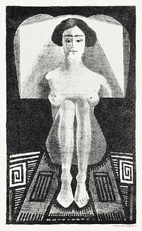Front view of nude figure in geometric setting (Frontaal gezien, zittend naakt in geometrische omgeving) (1920) print in high resolution by <a href="https://www.rawpixel.com/search/Samuel%20Jessurun%20de%20Mesquita?sort=curated&amp;page=1">Samuel Jessurun de Mesquita</a>. Original from The Rijksmuseum. Digitally enhanced by rawpixel.