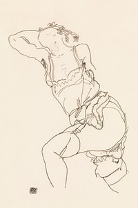 Vulgar lady in lingerie. Reclining Model in Chemise and Stockings (1917) by <a href="https://www.rawpixel.com/search/Egon%20Schiele?sort=curated&amp;freecc0=1&amp;page=1">Egon Schiele</a>. Original female line art drawing from The MET museum. Digitally enhanced by rawpixel.