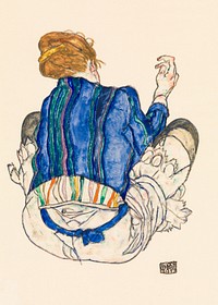 Seated Woman, Back View (1917) by <a href="https://www.rawpixel.com/search/Egon%20Schiele?sort=curated&amp;freecc0=1&amp;page=1">Egon Schiele</a>. Original female line art drawing from The MET museum. Digitally enhanced by rawpixel.
